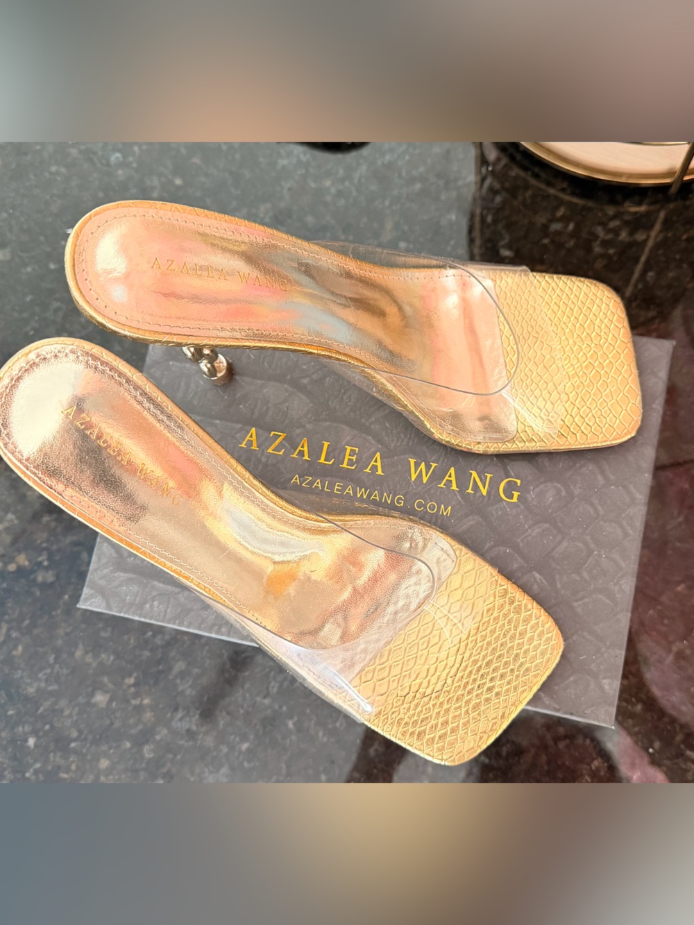 Azalea Wang Metallic Gold High Heel Slide Sandals with Clear Strap